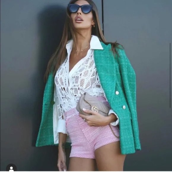 ZARA Balmain Style Double Breasted Blazer Textured Green - Picture 4 of 15